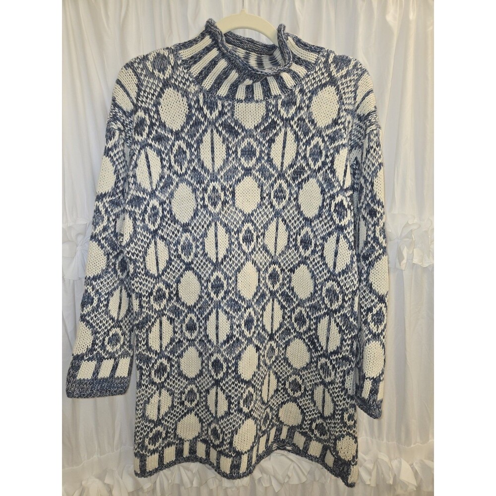 Vintage Paul Harris Y2K Women Geometric Mock Neck Blue White Medium Sweater